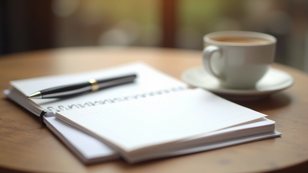 Cahier ouvert avec stylo et café sur table en bois, notes d'organisation et planification de projet, lumière naturelle chaleureuse