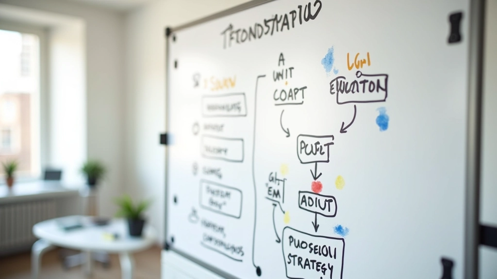 Schéma de stratégie de produit numérique sur tableau blanc avec marqueurs et diagrammes d'étapes, processus planification créative